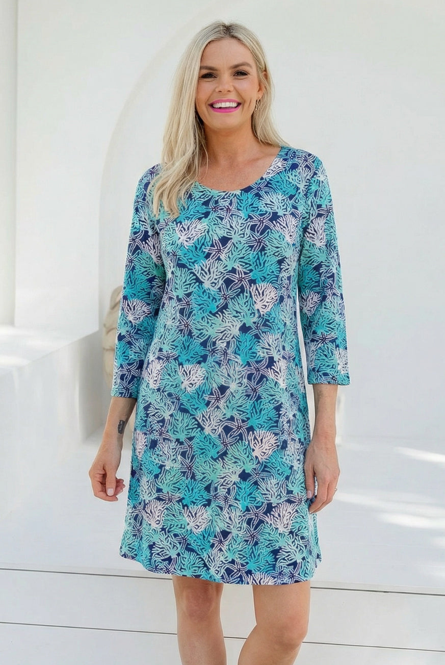Coral Reef Cotton Sleeve Dress | Pure Cotton Resortwear by West Indies Wear Coral Reef Cotton Sleeve Dress | Pure Cotton Resortwear by West Indies Wear