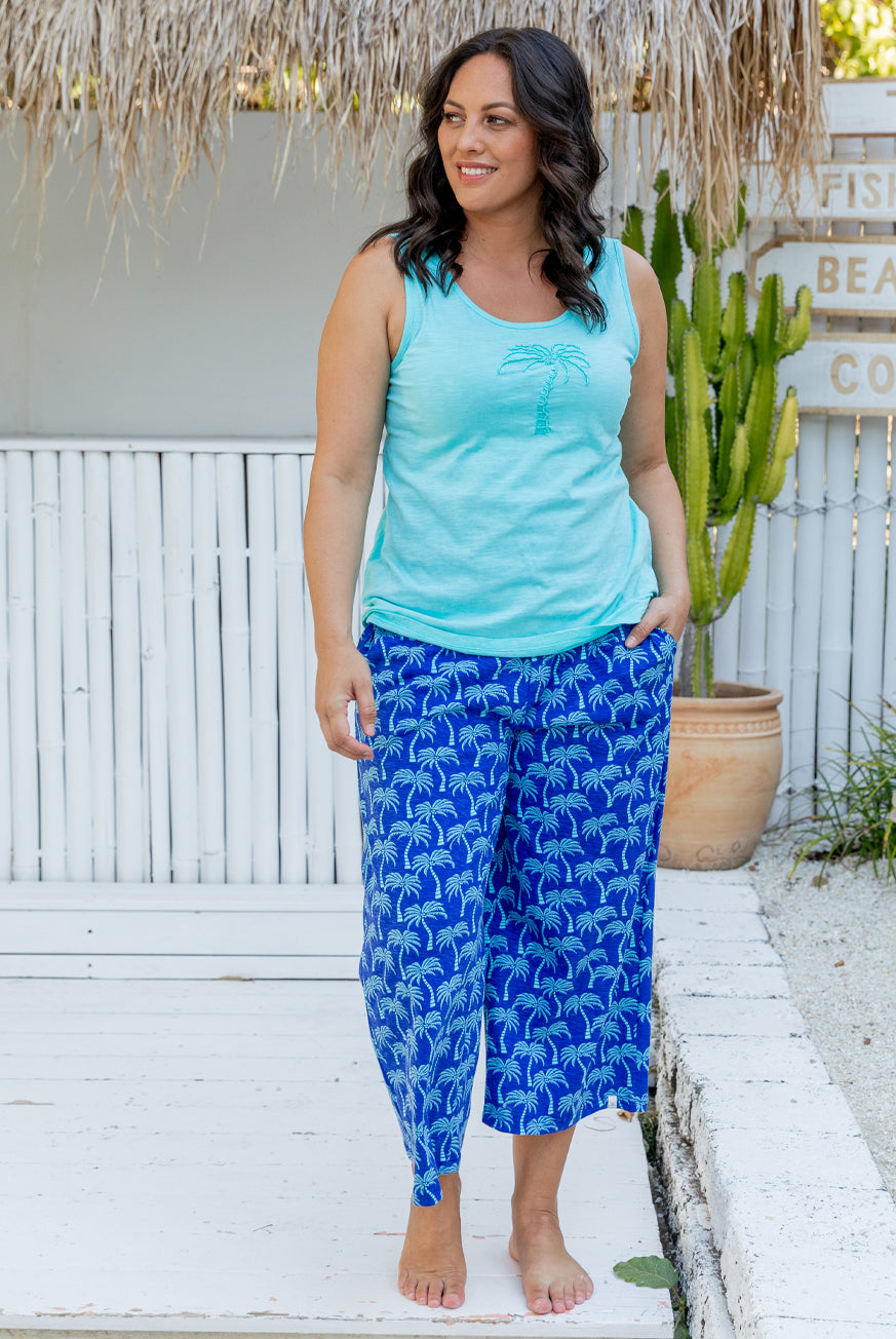 Palm Tree Beaded Cotton Tank Top