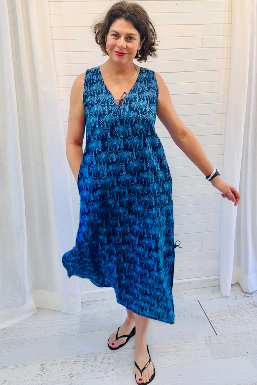 Wood Block Palm Cotton Maxi Dress