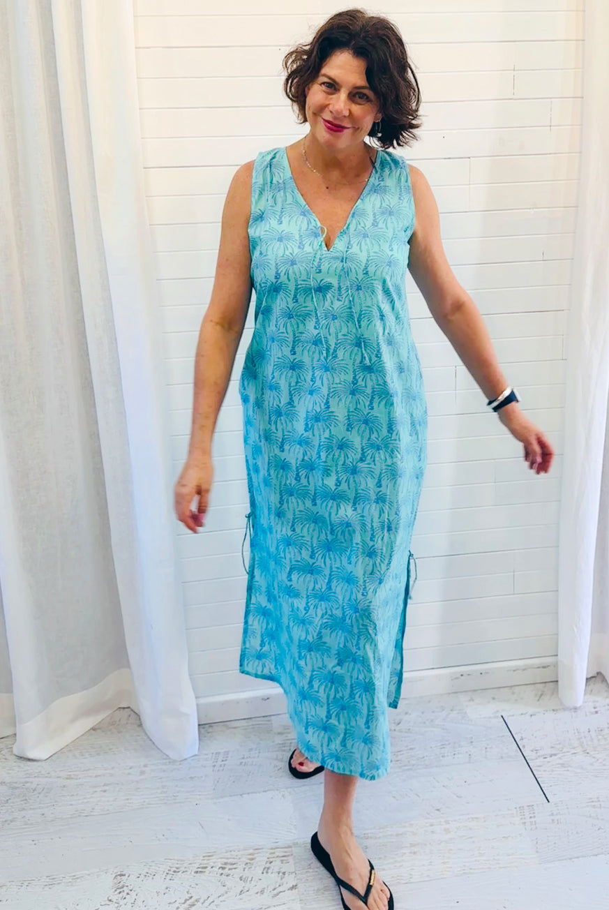 Wood Block Palm Cotton Maxi Dress