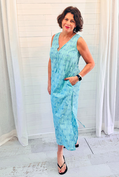 Wood Block Palm Cotton Maxi Dress