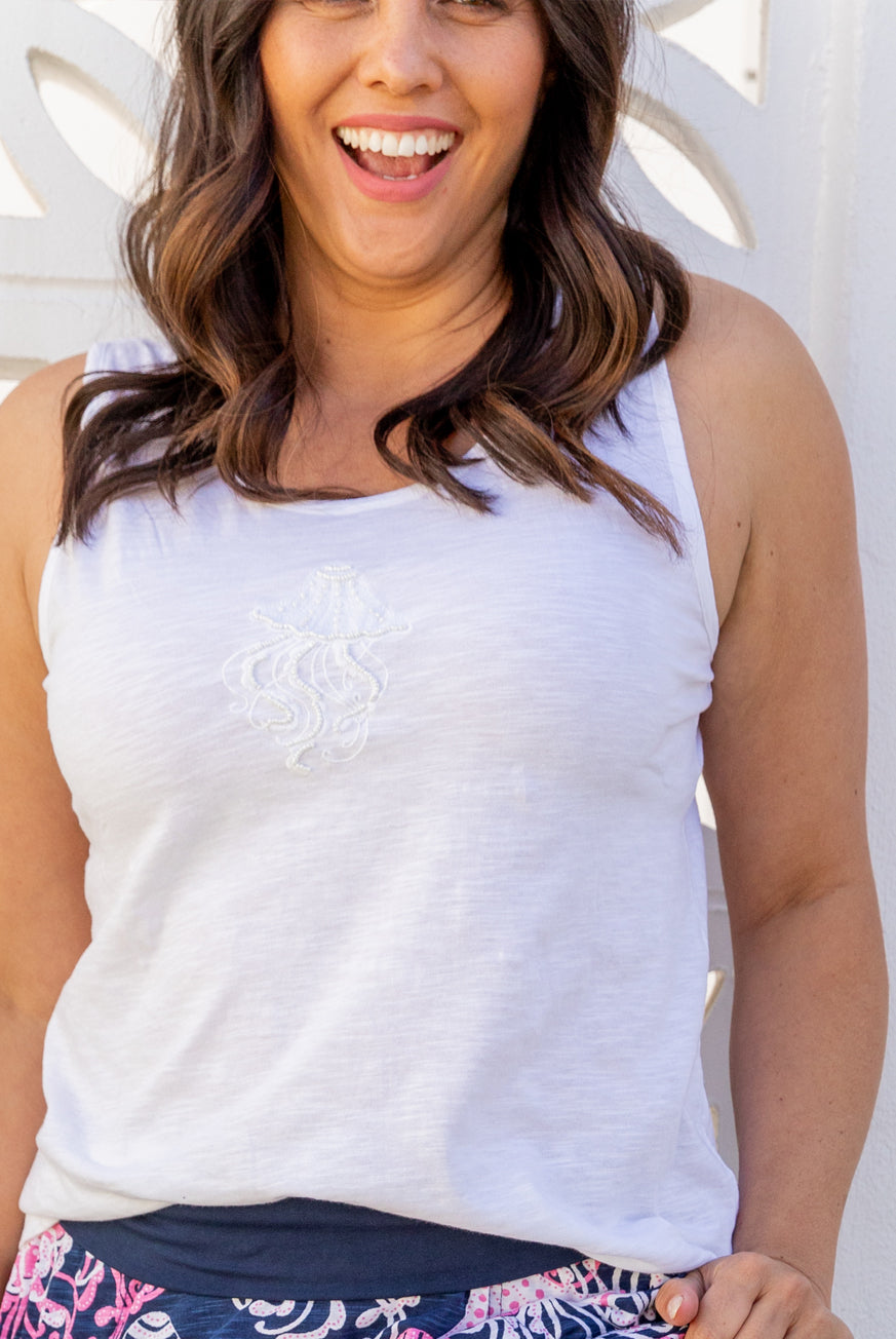 Frilly Fish Beaded Tank Cotton Top