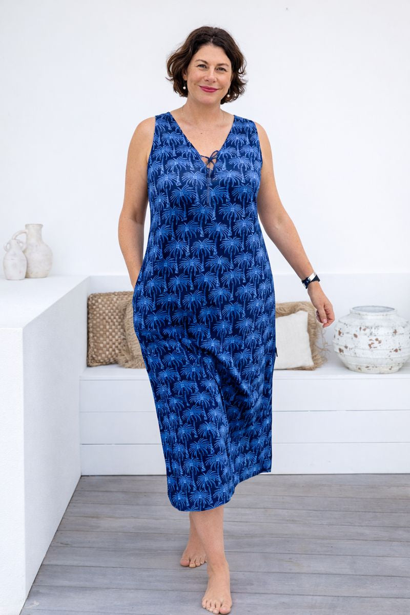 Wood Block Palm Cotton Maxi Dress