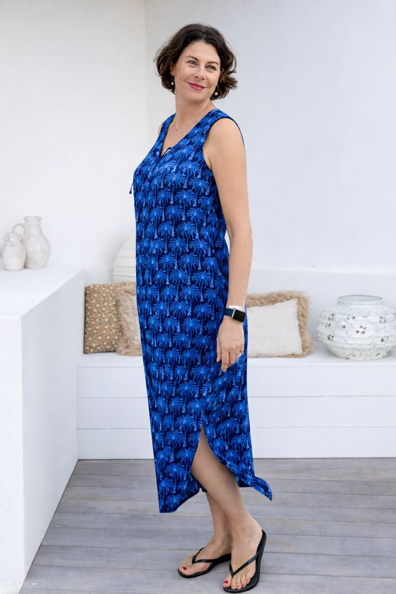 Wood Block Palm Cotton Maxi Dress