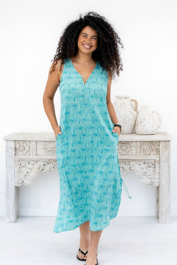 Wood Block Palm Cotton Maxi Dress