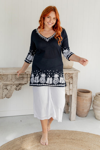 Pineapple Hand Embroidered Cotton Tunic