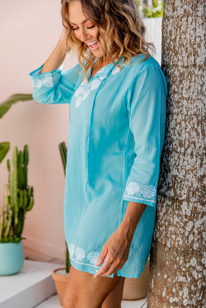 Island-Ready Shell Embroidered Cotton Beach Tunic - West Indies Wear